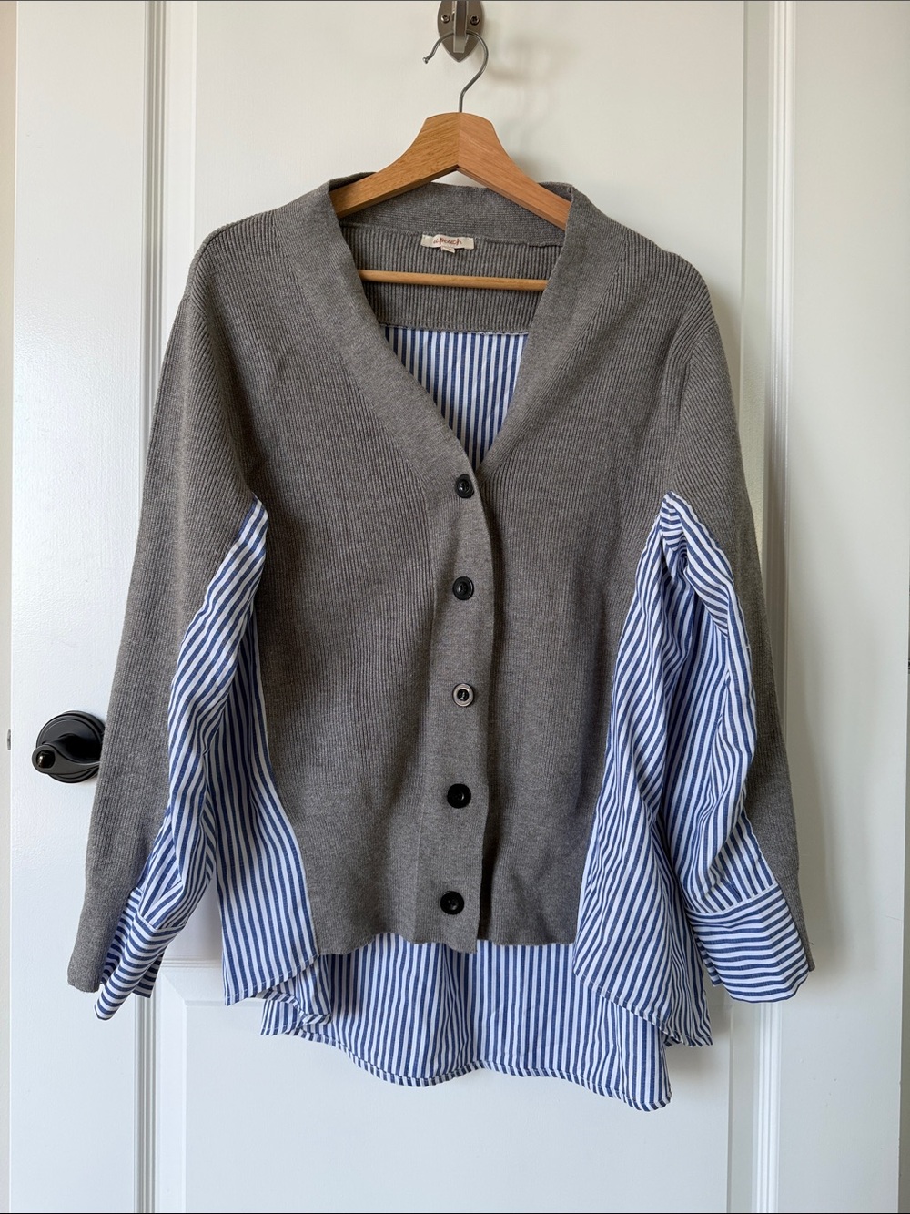 Vici Gray Layered V-Neck Button Cardigan with Blue Stripe Detail